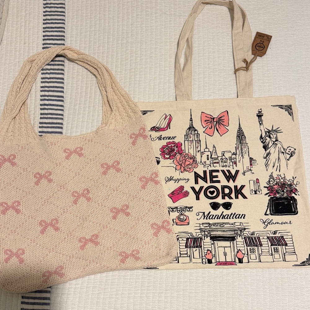 New York Print Tote Bag Set - Cream and Pink